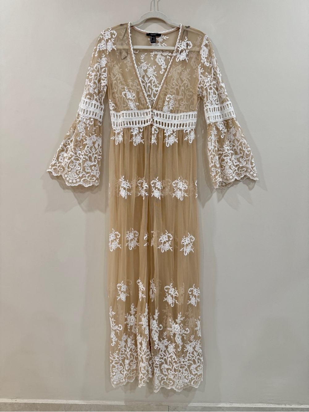 Nude Mesh White Lace Embroidered Maxi Kimono Duster Boho Bell Sleeve M Coquette